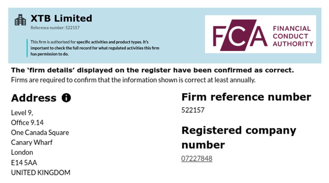 FCA register showing XTB UK is regulated in the UK