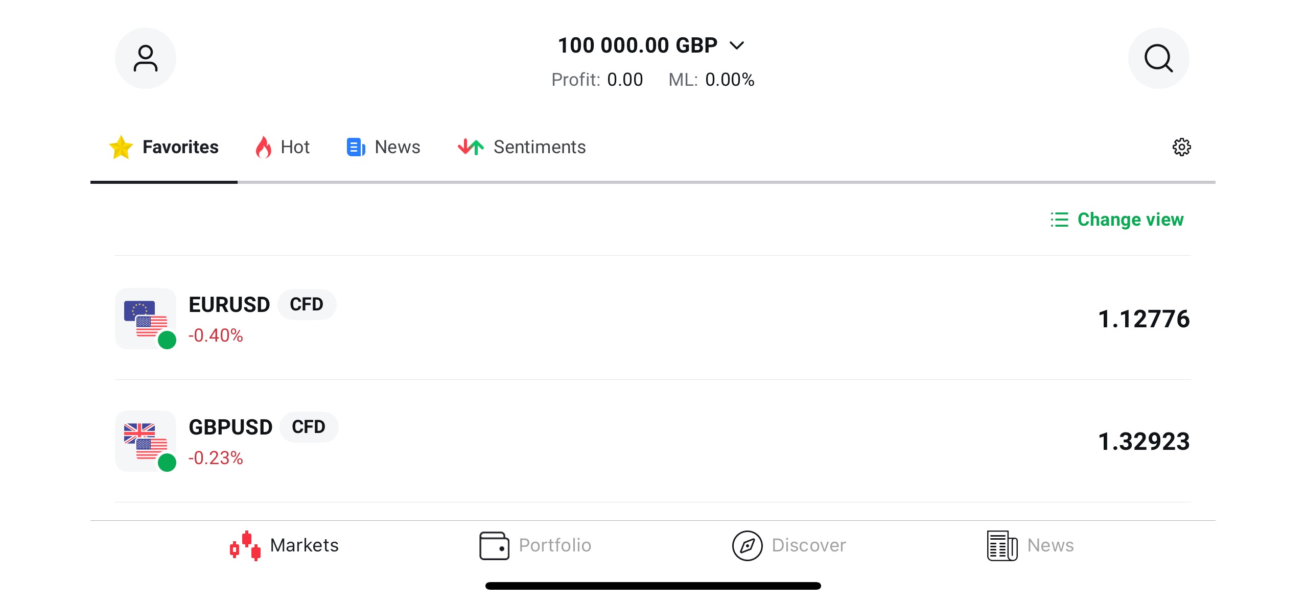XTB iOS app 'markets' section