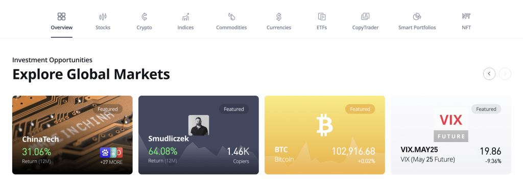 Screenshot showing eToro's collection of assets that can be traded in a demo
