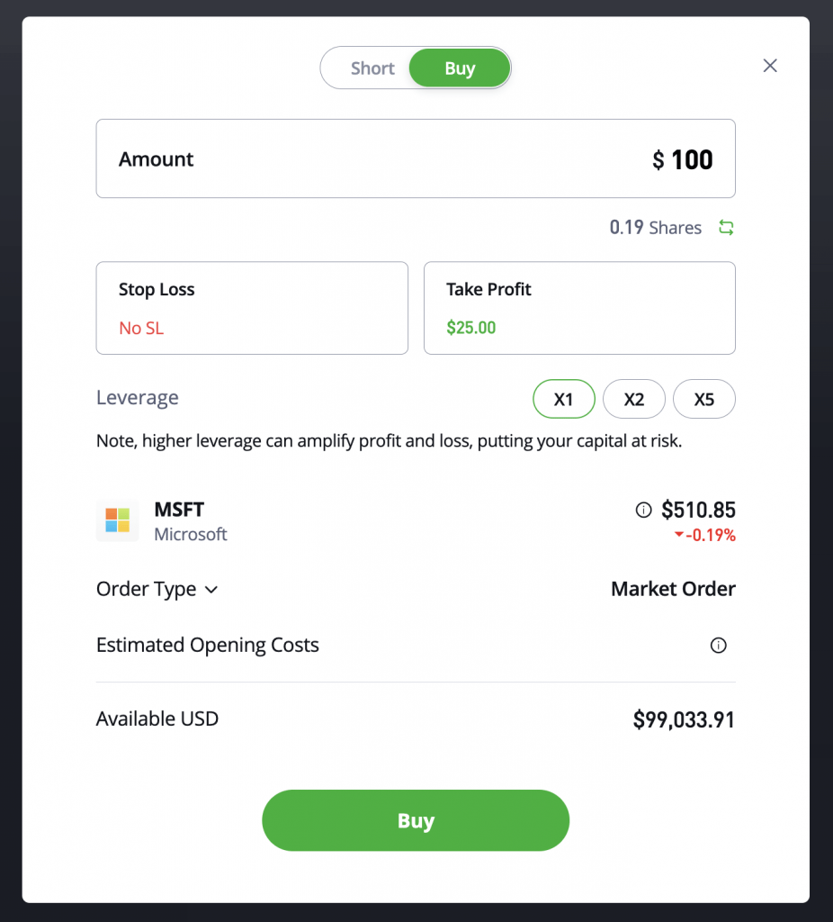 Trading fractional shares in Microsoft on eToro