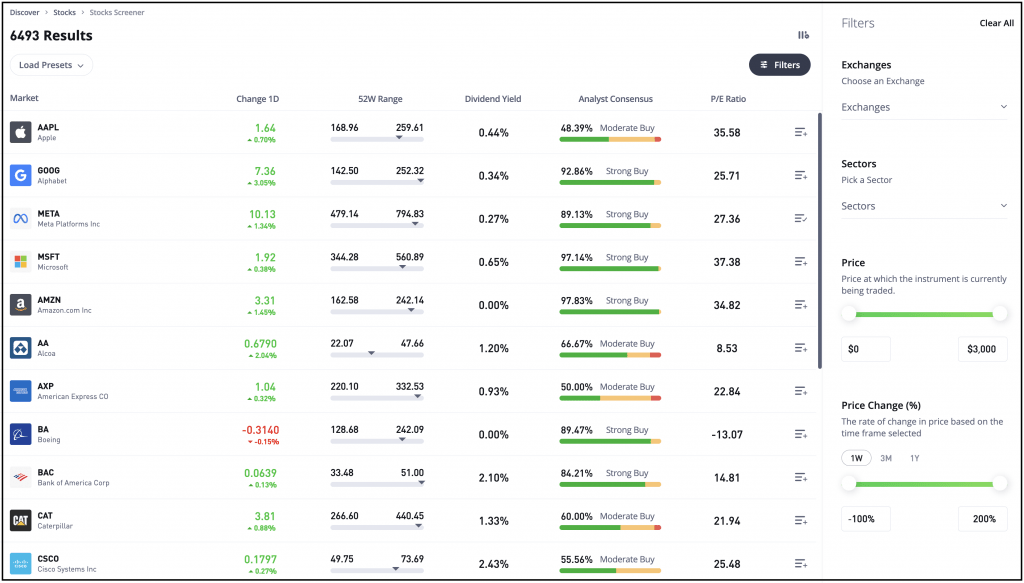 Filtering stocks at eToro