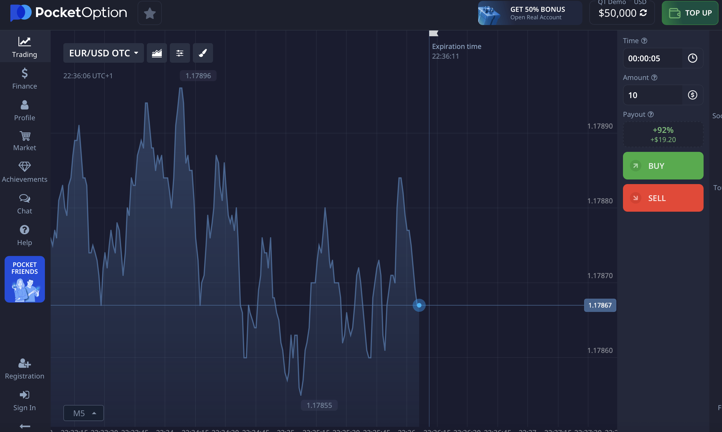Placing a high/low binary trade on EUR/USD through Pocket Option's platform